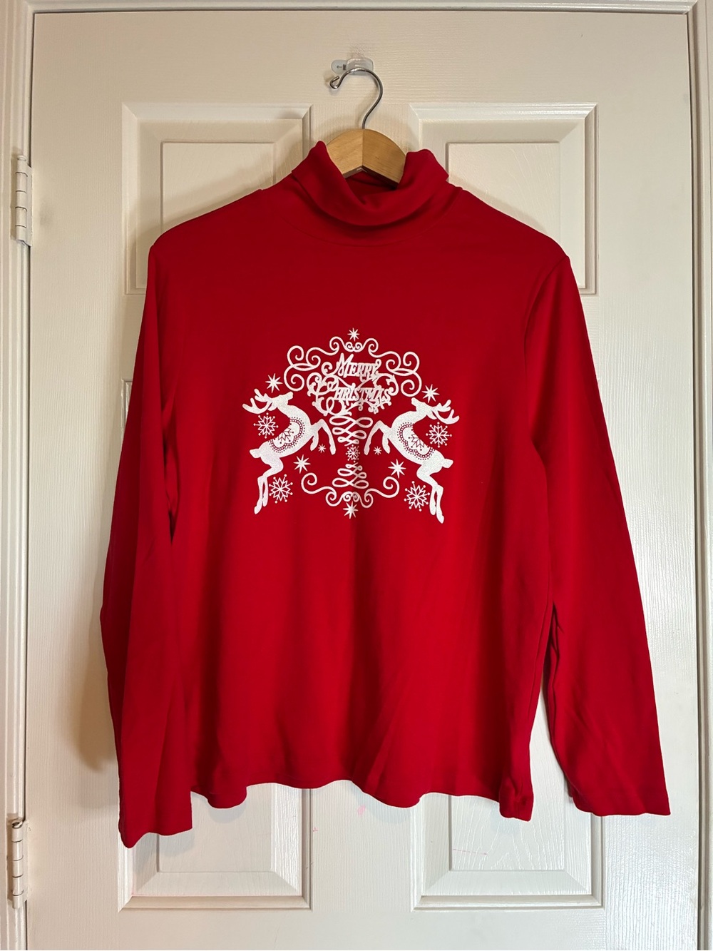 White Stag Red Turtleneck Long Sleeve Top with White Reindeer Graphic